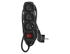 Prodlužovací kabel 1,5 m / 3 zásuvky / s vypínačem / černý / PVC / 1 mm2